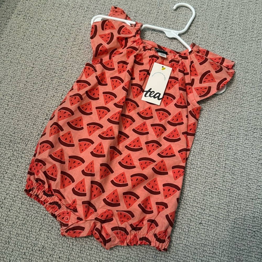 NWT Tea Collection Size 6-9M Watermelon Wedge In Red Flutter Sleeve Romper